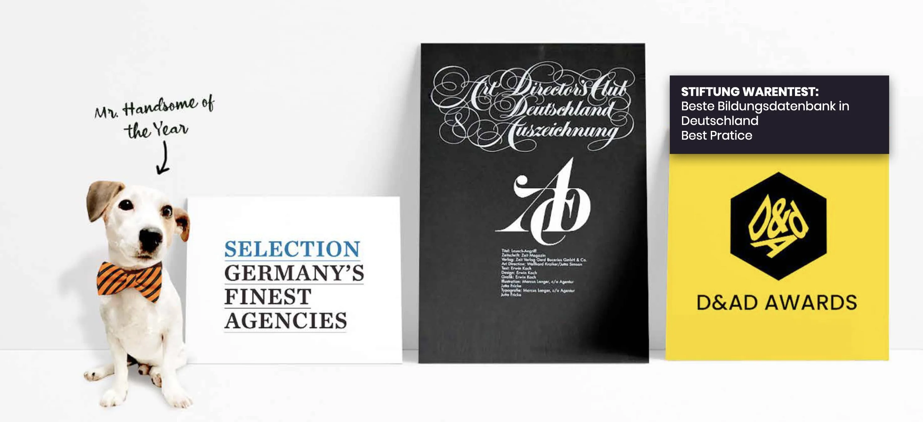 Unsere Auszeichnungen nebeneinander: SELECTION Germany’s Finest Agencies, Art Directors Club Deutschland, Stiftung Warentest und D&AD Awards – davor ein Hund mit Fliege, „Mr. Handsome of the Year“