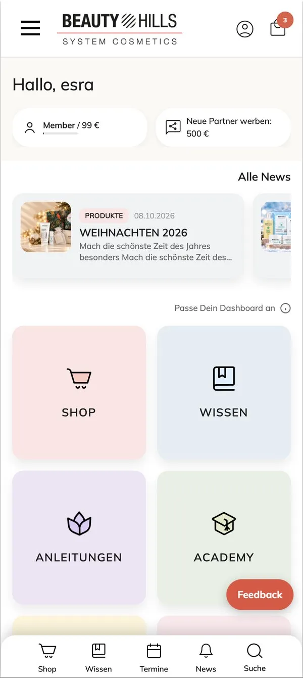 Beauty Hills Partner-App: Startseite
