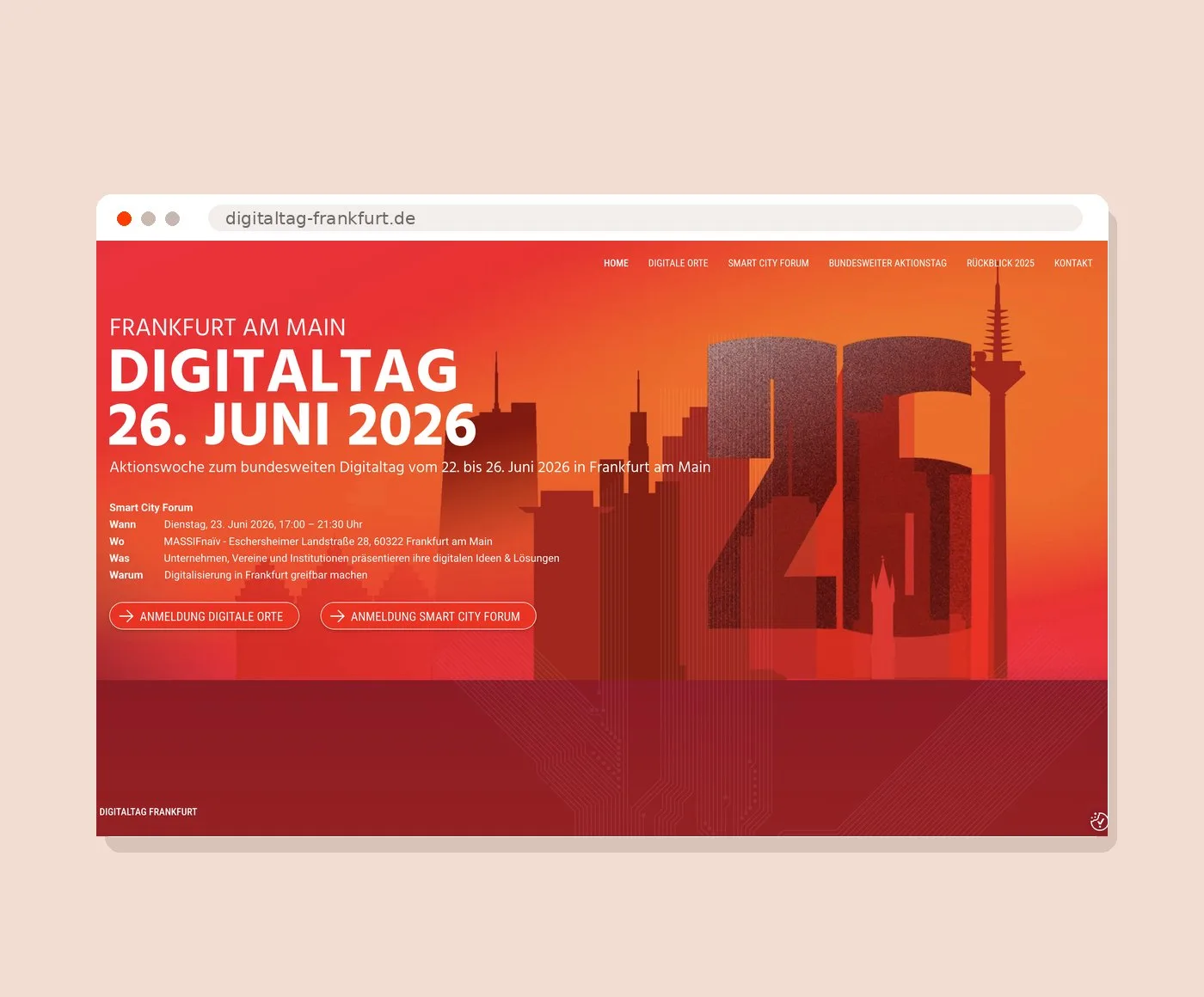 Website des Digitaltags Frankfurt am Main mit der Skyline in Rot und Orange