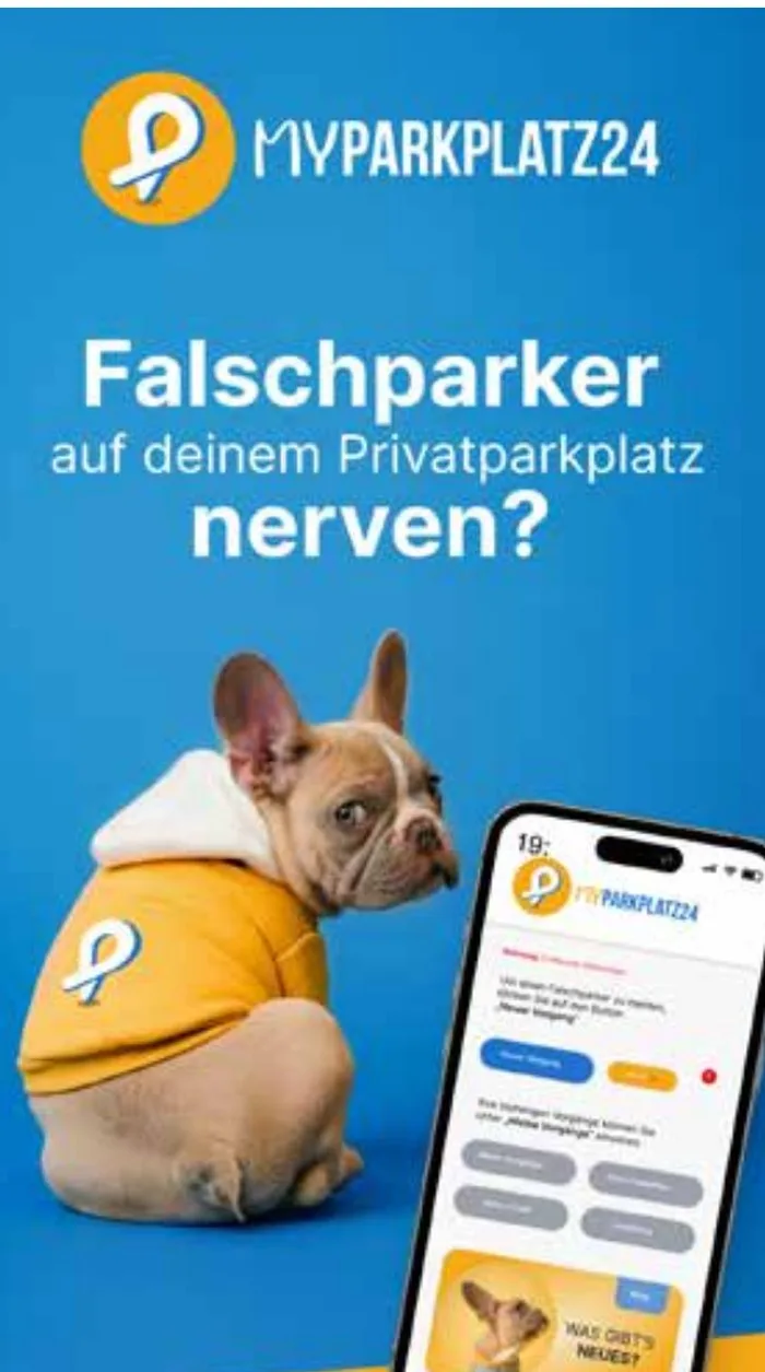 Kampagnenmotiv von MyParkplatz24: Französische Bulldogge im gelben Pulli vor Blau, daneben die App