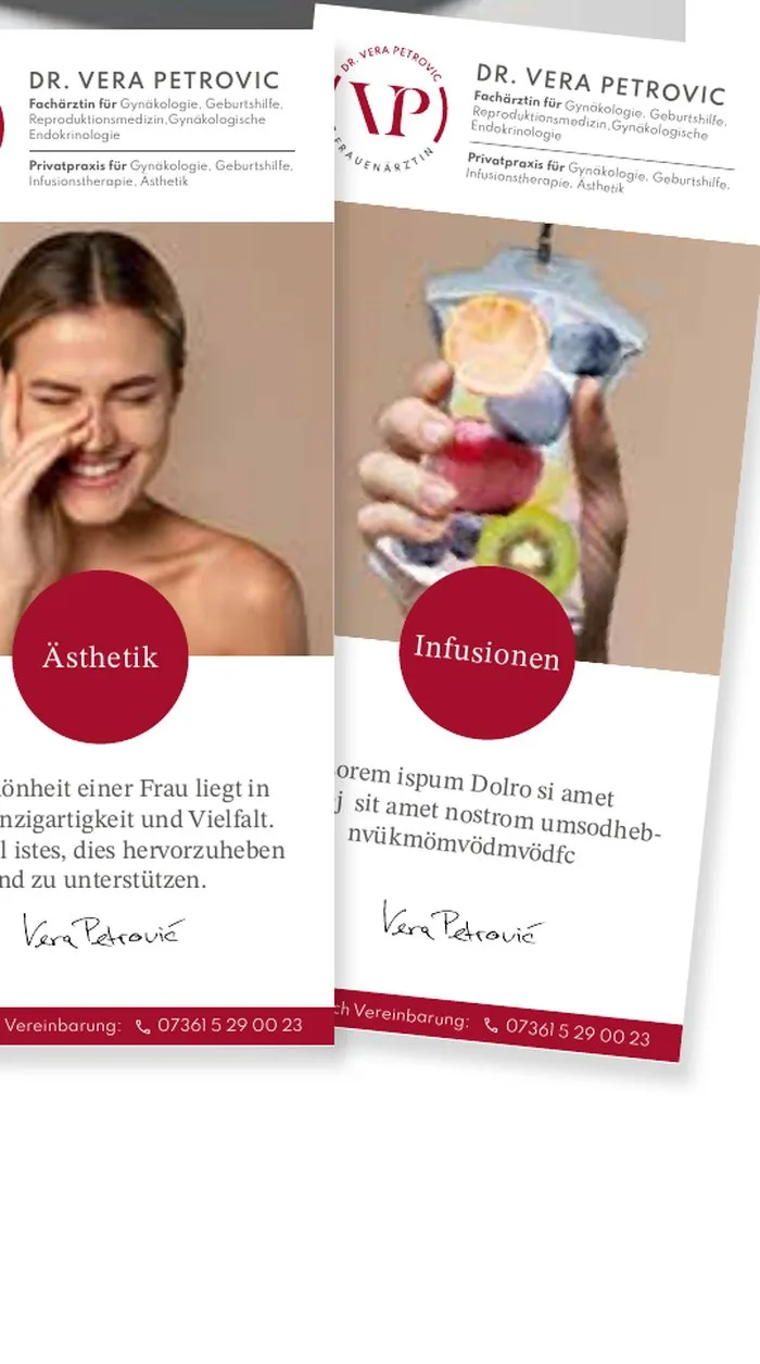 Flyer der Frauenarztpraxis mit dem VP-Signet in Rot